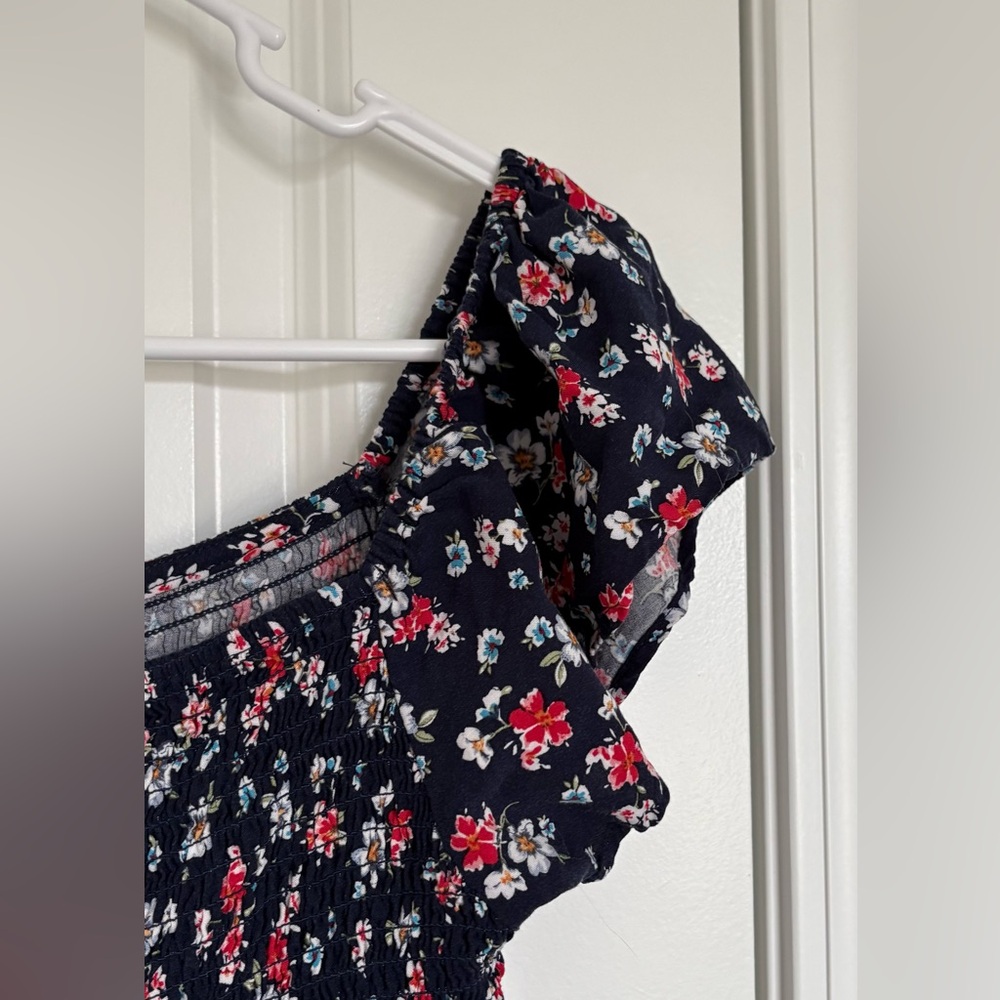 Torrid Navy Floral Off-Shoulder Dress with Red & White Blooms. Women size XS - Picture 3 of 9
